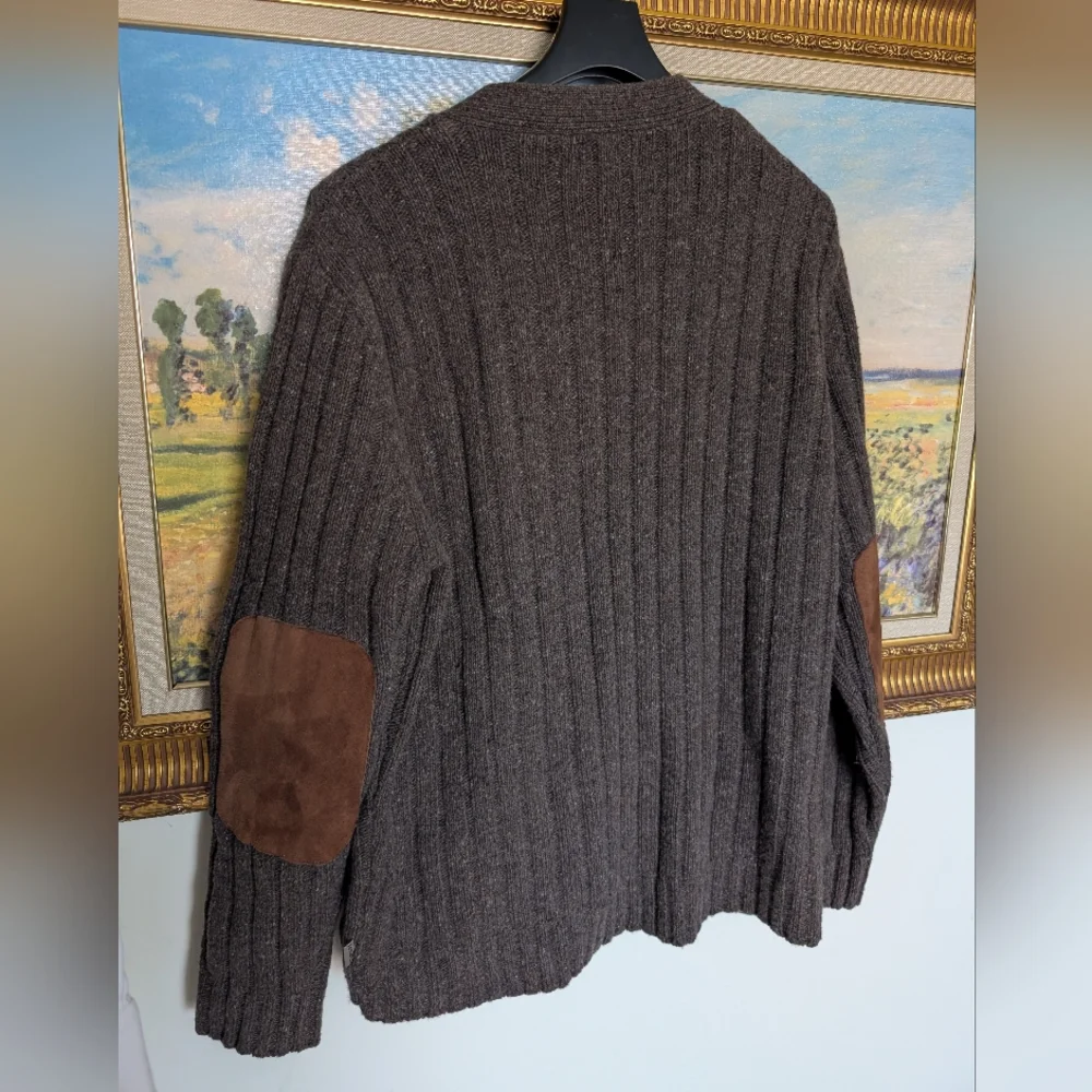 Woolrich Wool Dark Brown Cardigan with Suede Patches Large